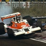 James Hunt driving over Andretti at Zandvoort, 1977